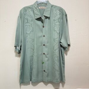 Tommy Bahama Silk Hawaiian Bowling Shirt Key Lime Green floral textured XL​